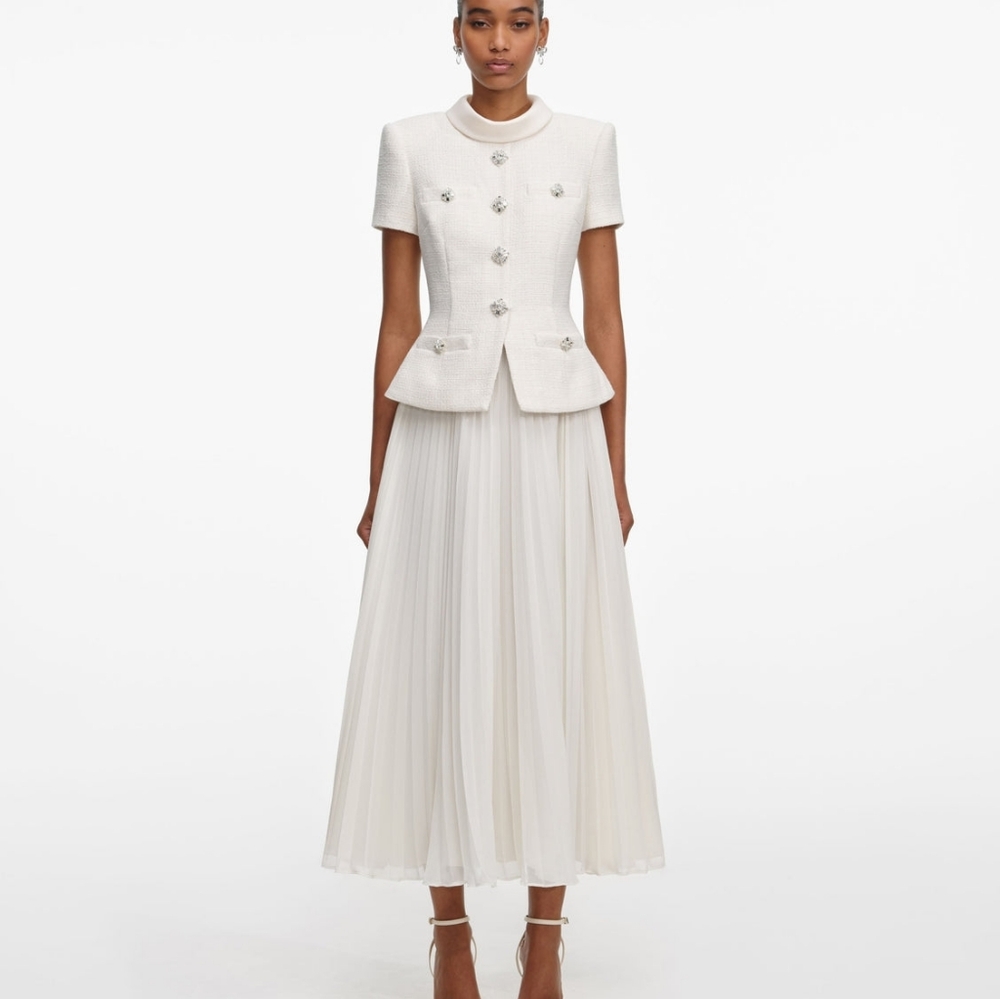 Self-Portrait Cream Boucle Collared Midi Dress